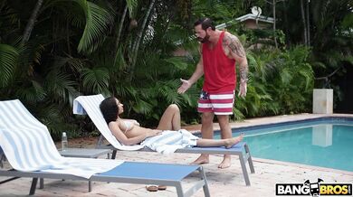 Outdoor fuck by the pool with busty whore