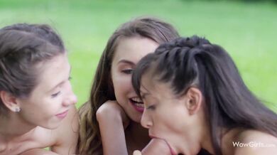 WOW GIRLS - Two girls found their horny friend riding guy with big cock in public park