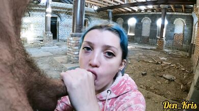 Cute schoolgirl has sex in abandoned building and gets cum on her face