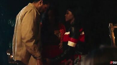 Two black girls Nicole Kitt and August Skye in threesome