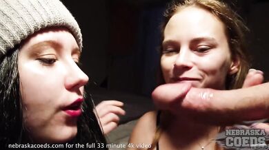 Pretty Young Models Giving Double Bj To Lucky Cameraman With Lipstick