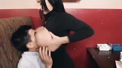 Angela White and Jordi El Niño Polla fucking in restaurant booth