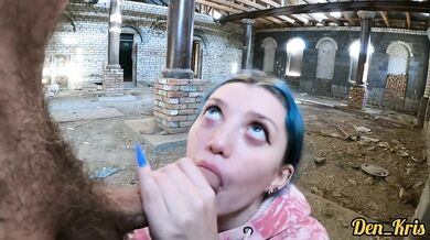 Cute schoolgirl has sex in abandoned building and gets cum on her face
