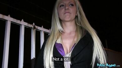 Stunning blonde bombshell rides a big hard cock for money!