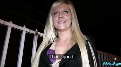 Stunning blonde bombshell rides a big hard cock for money!