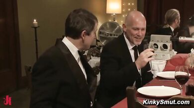 Blonde Endures Rope Bondage And Group Play At A Dinner Party