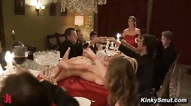 Blonde Endures Rope Bondage And Group Play At A Dinner Party
