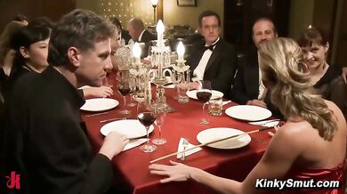 Blonde Endures Rope Bondage And Group Play At A Dinner Party