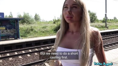 Blonde beauty gets fucked in public at train station