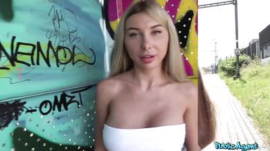 Blonde beauty gets fucked in public at train station